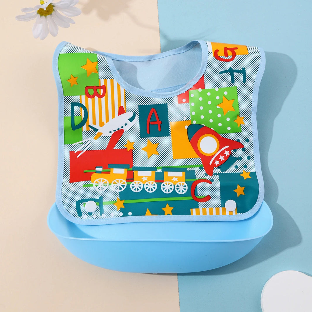 Security Cartoon Print Baby Bibs for Boys & Girls | Waterproof Soft Silicone Kids Burp Cloth with Pocket, Feeding Bib for Children - Kidzy Market