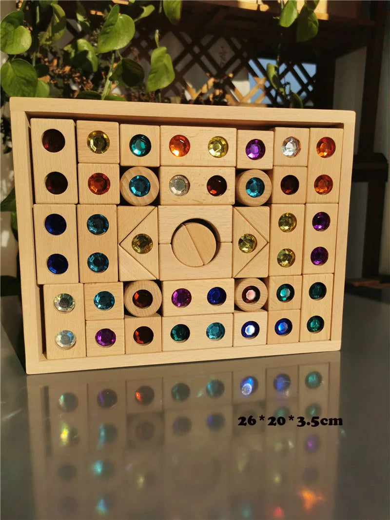 Kids Acrylic Sparkling Stones – Wooden Gemstone Street Blocks, Rainbow Crystal Diamond Bricks, Montessori Building Play Toy