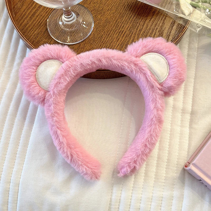 Strawberry Bear Plush Ear Face Wash Headband - Cute Cartoon Non-Slip Hairband for Women, Soft Cashmere