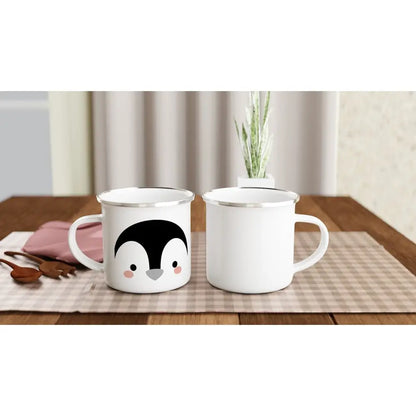 Penguin Enamel Campfire Mug, White Penguin Print — 11 oz (360 ml) Metal Camping Coffee Mug, Kids Birthday Gift