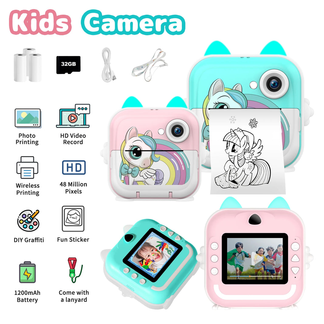 MISIRUN Kids Instant Print Digital Camera with Photo and Video, Thermal Printing, 32GB Card, Educational Toy Gift