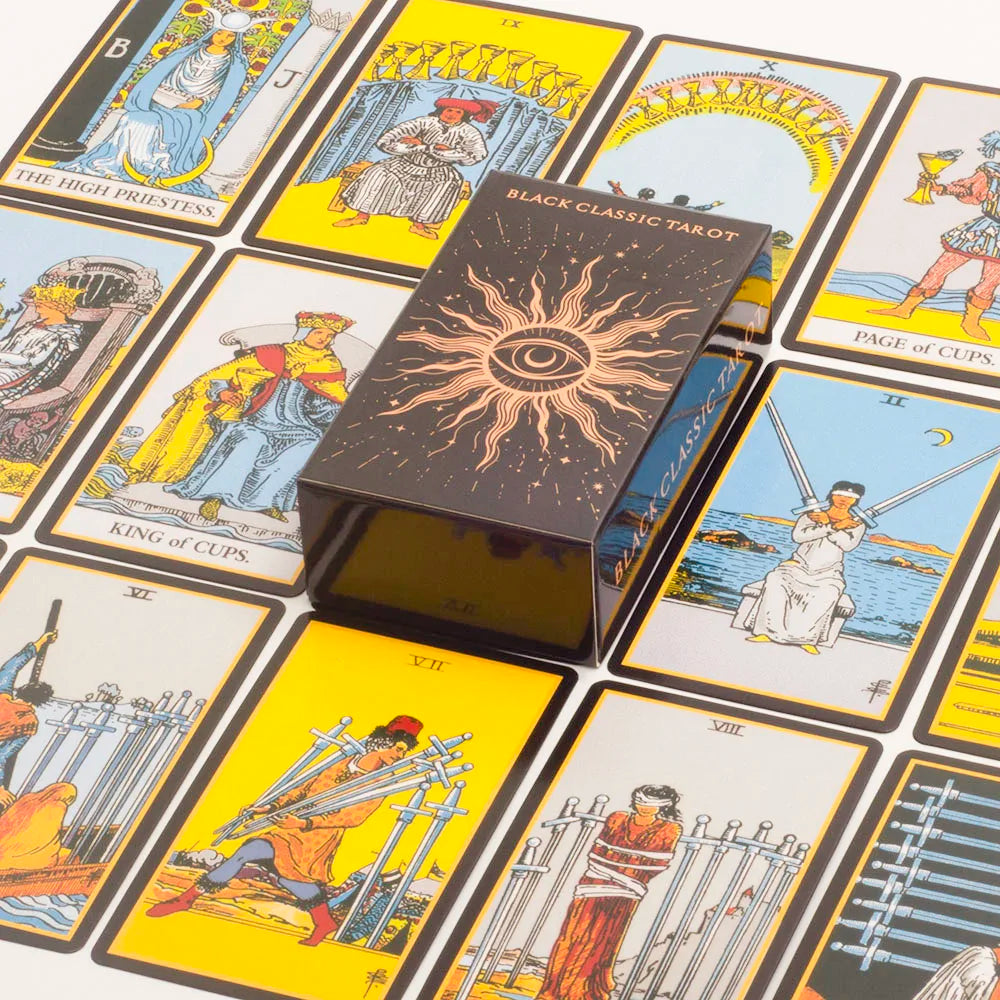Black Classic Tarot Cards Deck (78 Pieces, Fortune-Telling Set with Guidebook, Family Game)