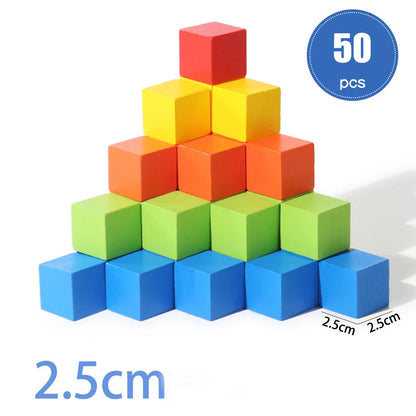 50/100PCS Colorful Wooden Building Blocks – Stacking Square Blocks, Shape and Color Learning Toy for Babies and Children