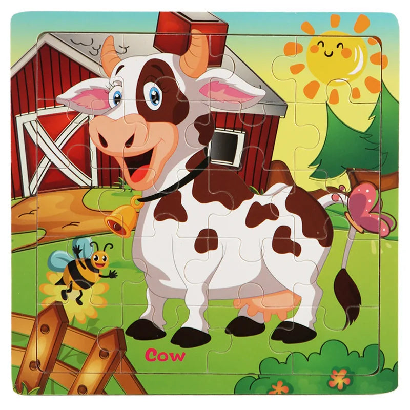 New 20 Piece Wooden 3D Puzzle, Cartoon Animal & Vehicle Jigsaw, Montessori Educational Toy for Kids, Baby 1-3 Years