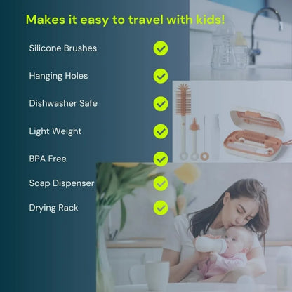 Travel Baby Bottle Cleaning Kit - Retractable Silicone Brush Set for Teat, Straw & Breast Pump, Portable Cleaning