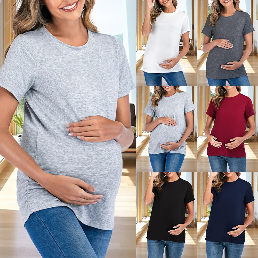 New Maternity Clothes for Women | Solid Color T-Shirt Tees | Summer Short Sleeve Pullover Casual Pregnant Tops | XL XXL