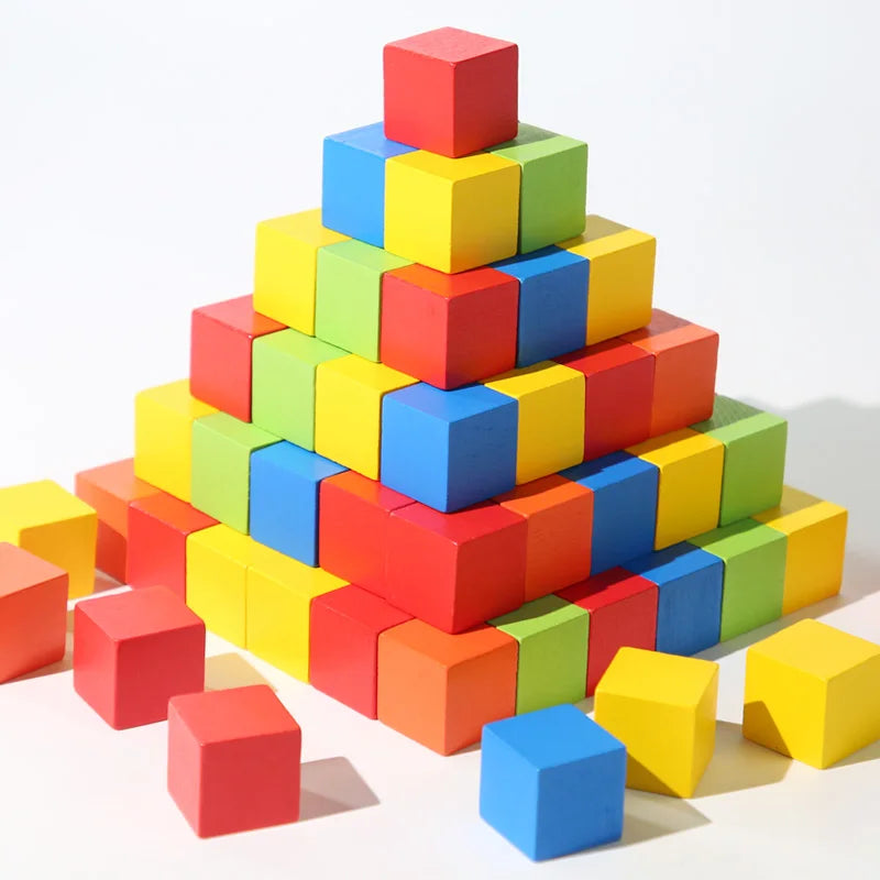50/100PCS Colorful Wooden Building Blocks – Stacking Square Toy, Shape & Color Learning Toy for Babies and Children