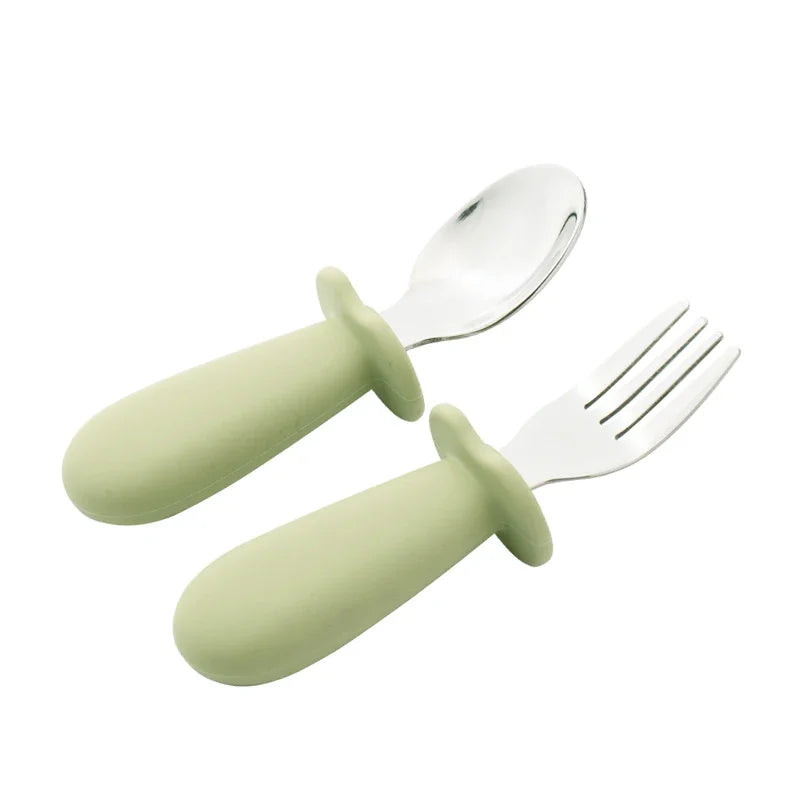 2PCS Baby Tableware Set – Stainless Steel Food Feeding Spoon & Fork, Silicone Handle Utensils for Infants & Toddlers, BPA-Free Cutlery Set
