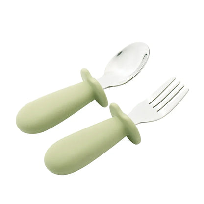 2PCS Baby Tableware Set – Stainless Steel Food Feeding Spoon & Fork, Silicone Handle Utensils for Infants & Toddlers, BPA-Free Cutlery Set