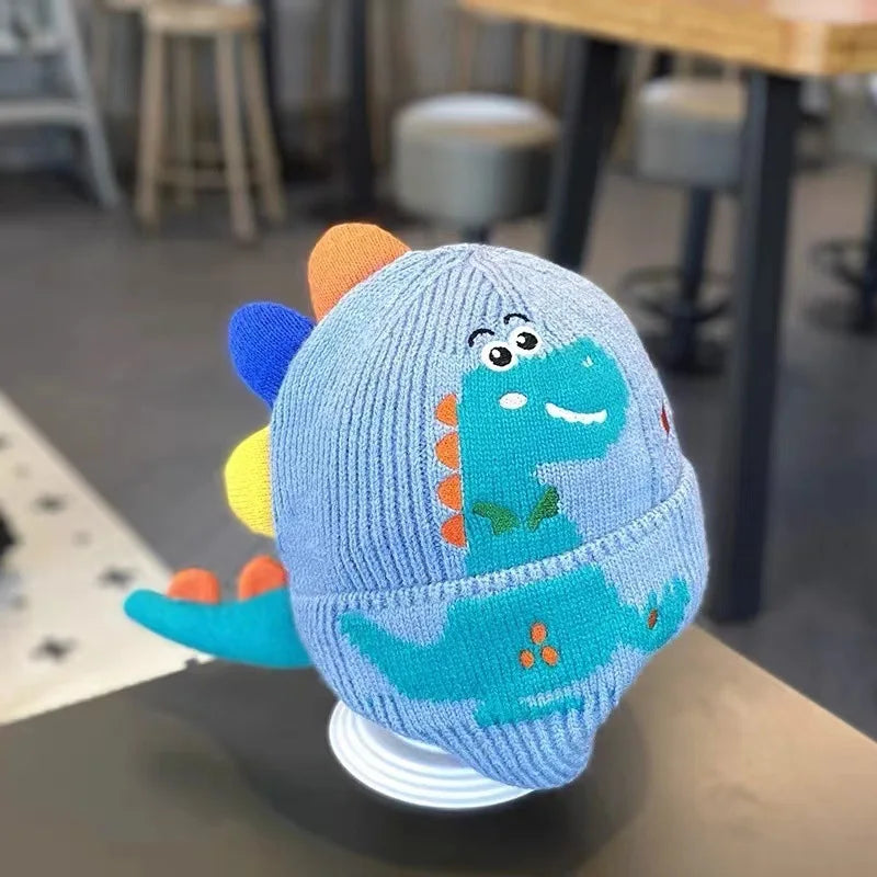 Dinosaur Cartoon Kids Earmuffs Beanie — Warm Knit Cotton Winter Hat with 3D Ears for Toddlers & Children (Unisex)