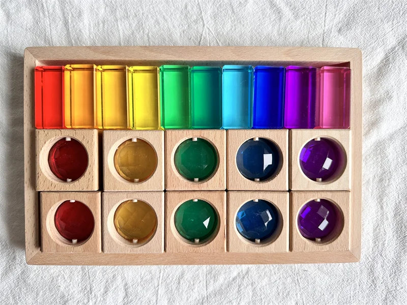Wooden Montessori See-Through Blocks – Mixed Acrylic Gems Toy for Kids, Open Play Educational Toy