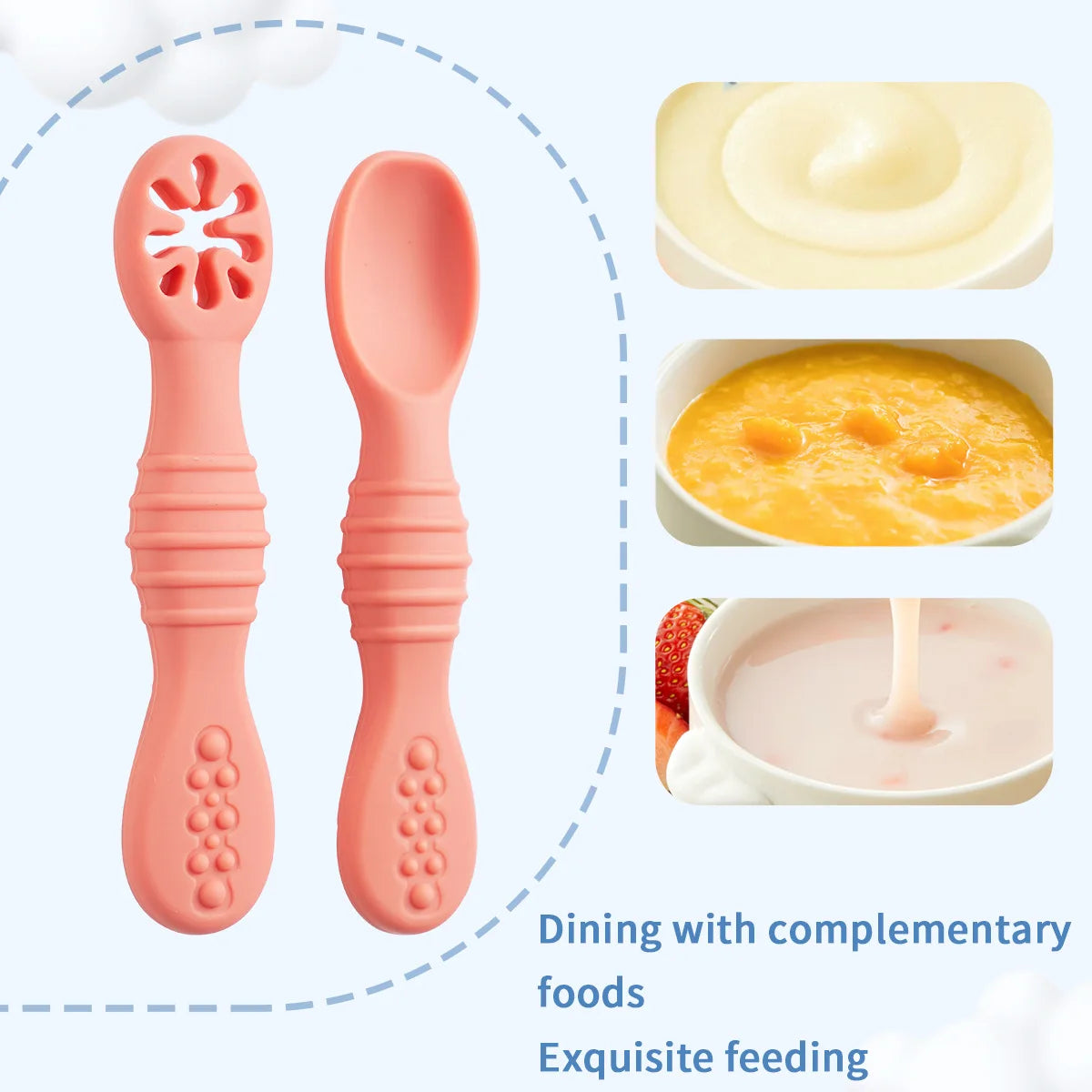 2PCS Silicone Baby Spoons Set – First Stage Utensils for Baby Led Weaning – Chew Training Spoons for Self-Feeding – Soft & Safe Baby Feeding Utensils