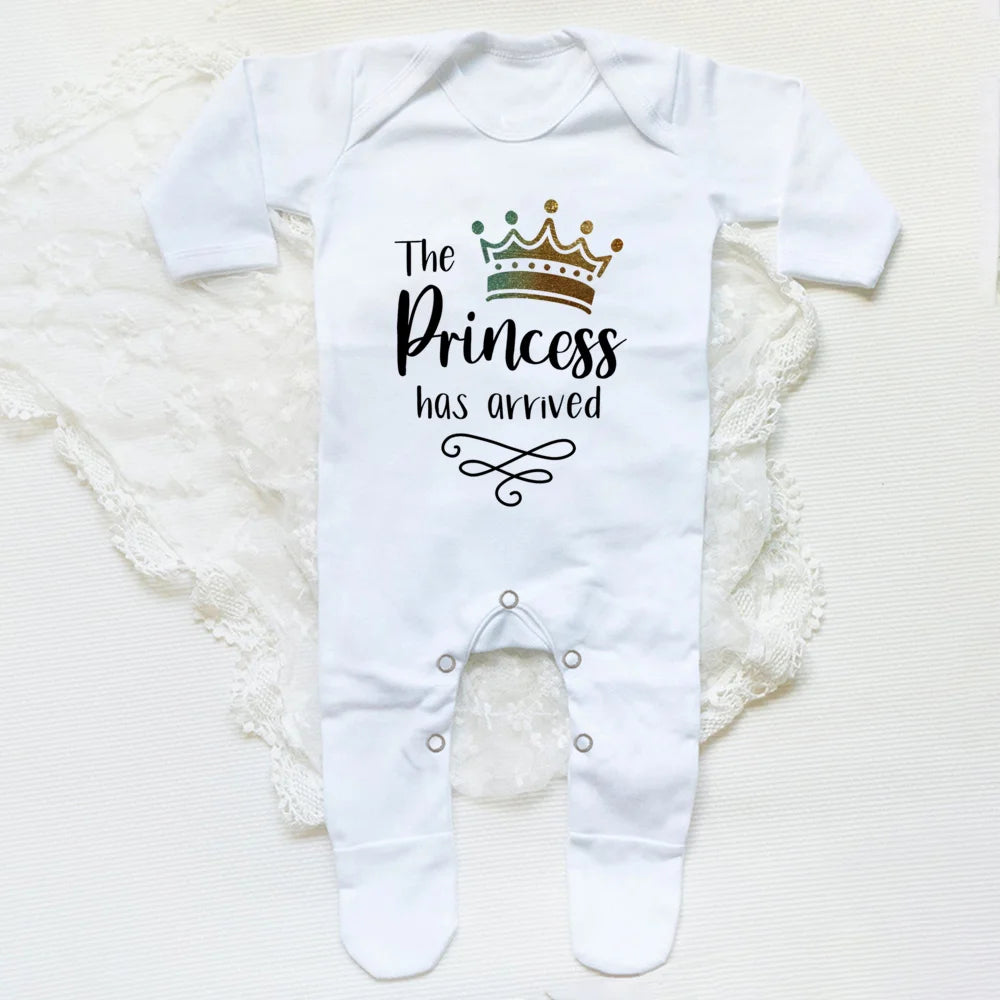 The Princess Has Arrived Print Baby Babygrow Sleepsuit – Newborn Coming Home Vest Bodysuit, Hospital Clothes, Infant Shower Gift
