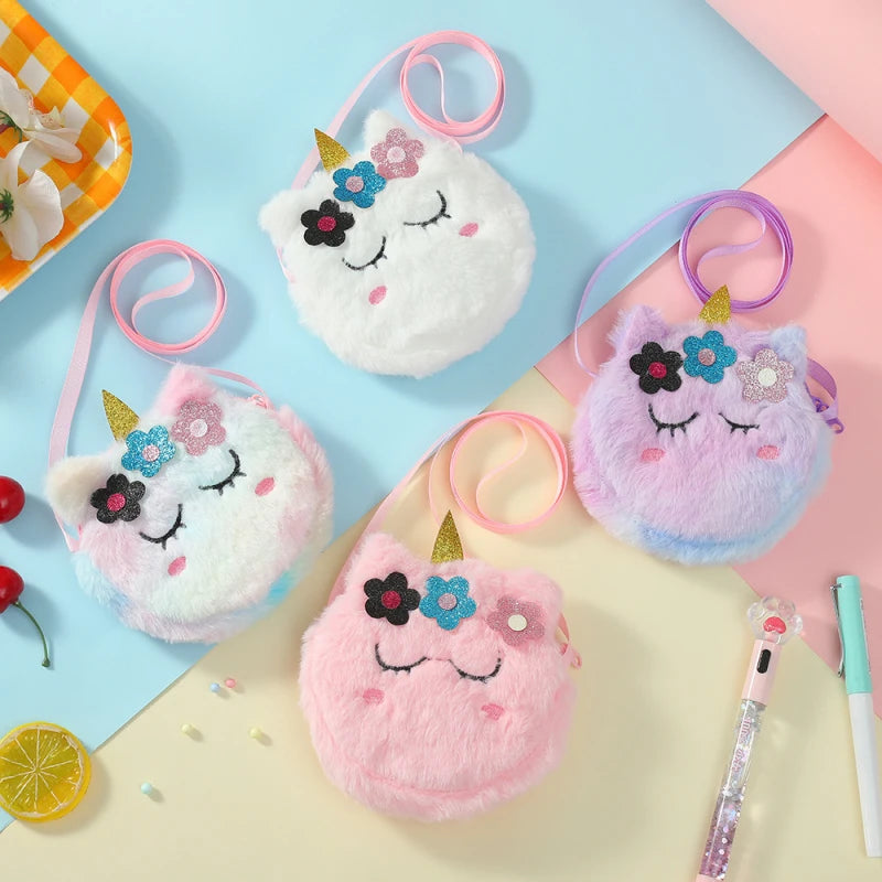 Children’s Cross-Body Bag Plush Unicorn Cartoon Coin Purse Cute Girl Flower Shoulder Bag Portable - Kidzy Market