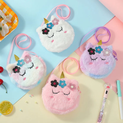 Children’s Cross-Body Bag Plush Unicorn Cartoon Coin Purse Cute Girl Flower Shoulder Bag Portable - Kidzy Market