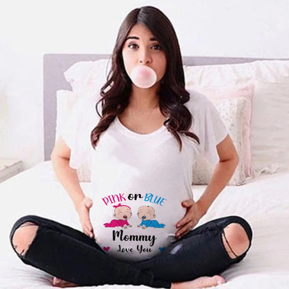 Pink or Blue Mommy Love You Printed Maternity T-Shirt - Summer Pregnancy Announcement Shirt, New Mom Tops