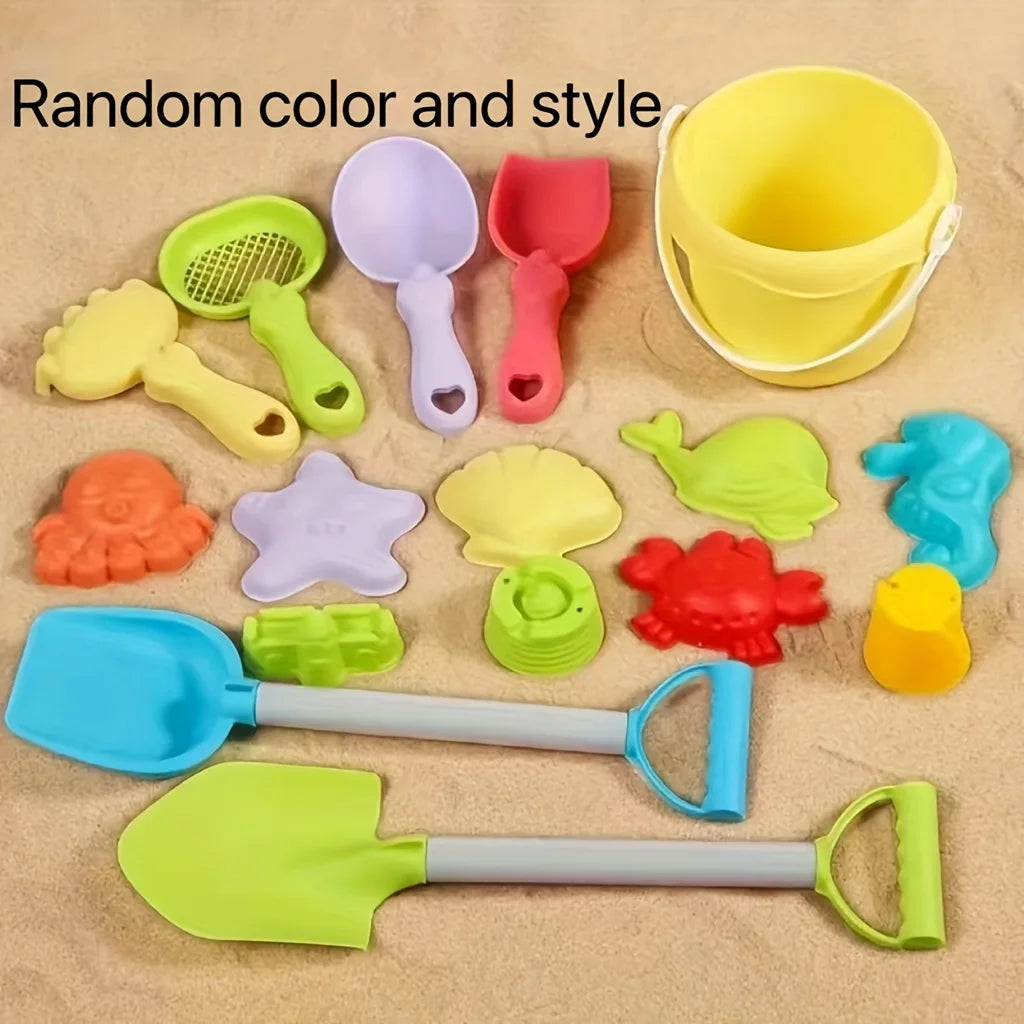 Kids Beach Sand Toy Set With Bucket, Shovel, Rake & Dinosaur Animal Molds — Travel Sandbox Kit