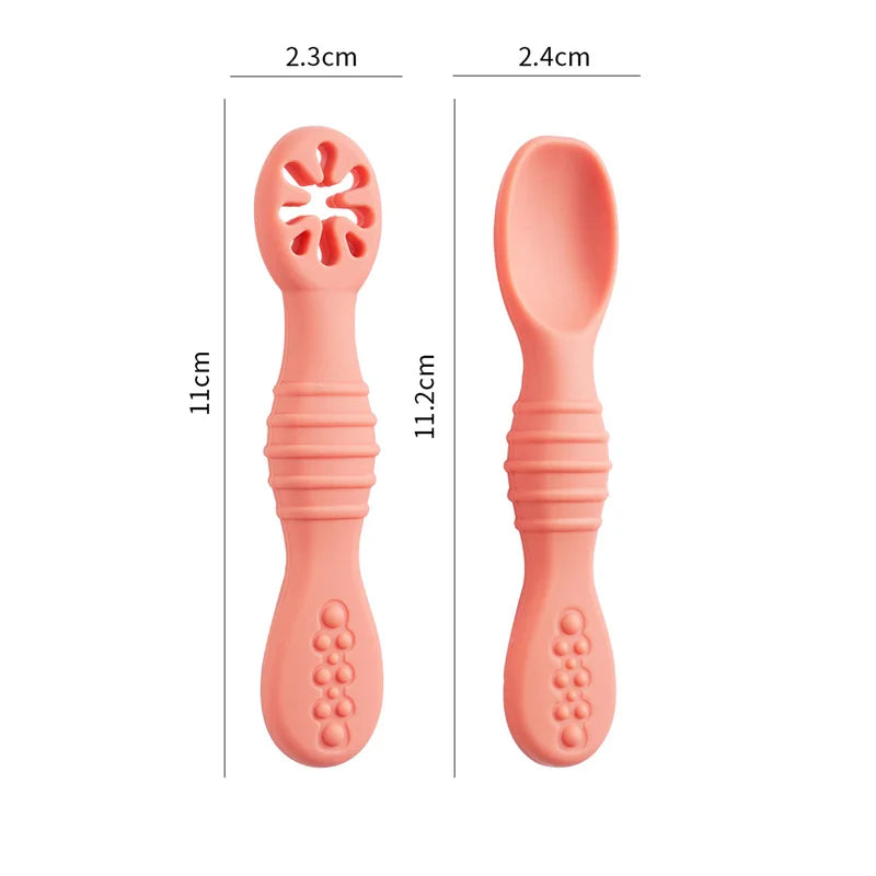 2PCS Baby Learning Spoons Set - Silicone Toddler Liquid Food Spoon & Fork Utensils, Soft Scoop Weaning Cutlery, Baby Feeding Tableware