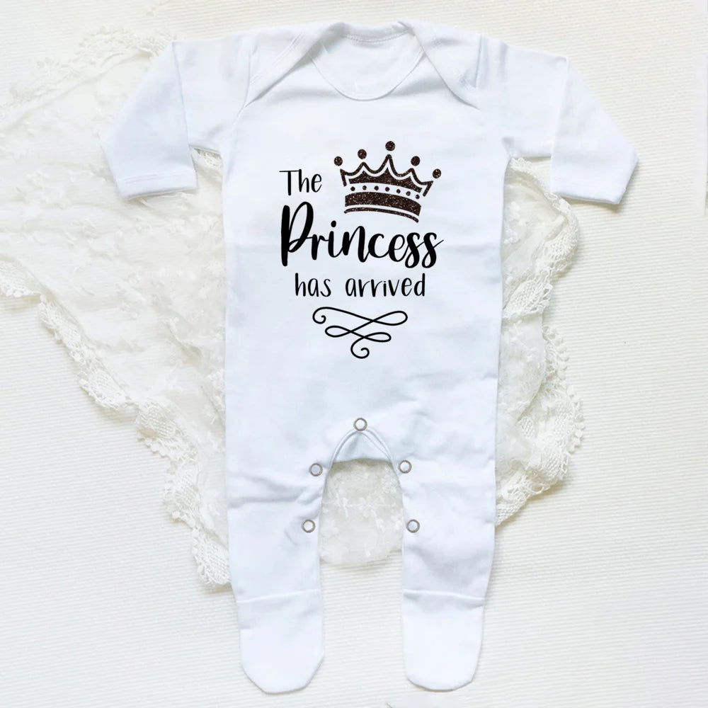 The Princess Has Arrived Print Baby Babygrow Sleepsuit – Newborn Coming Home Vest Bodysuit, Hospital Clothes, Infant Shower Gift