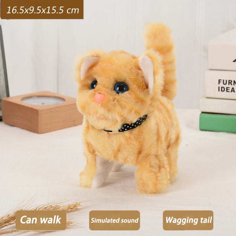 New Walking Kitty Plush Toy, Electric Interactive Meowing Cat with Wagging Tail and Nodding Head, Stuffed Animal Pet Toy Gift for Kids