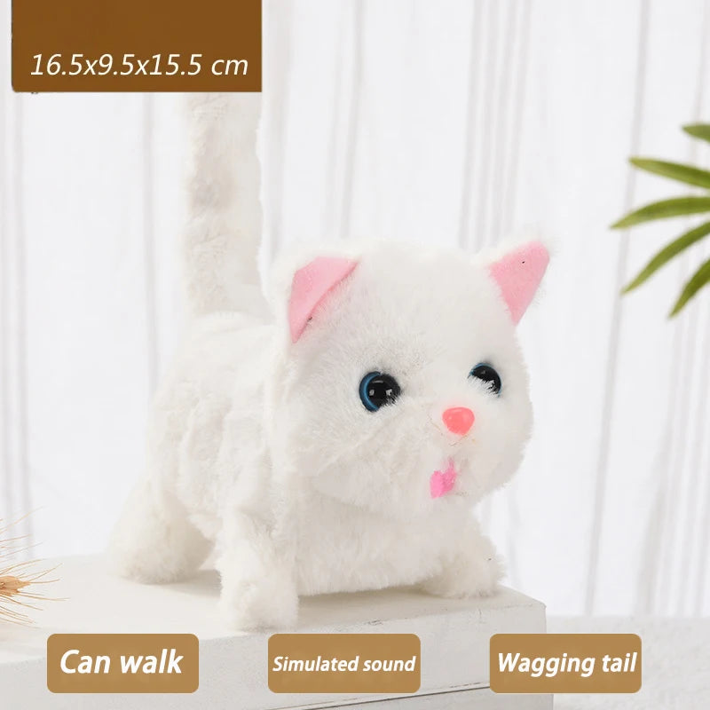New Walking Kitty Plush Toy, Electric Interactive Meowing Cat with Wagging Tail and Nodding Head, Stuffed Animal Pet Toy Gift for Kids
