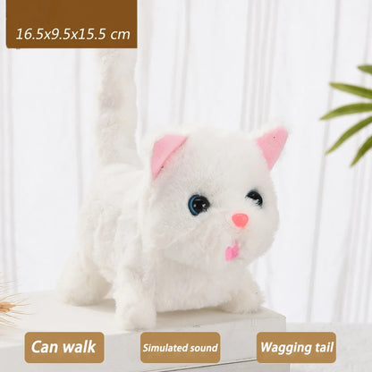 New Walking Kitty Plush Toy, Electric Interactive Meowing Cat with Wagging Tail and Nodding Head, Stuffed Animal Pet Toy Gift for Kids