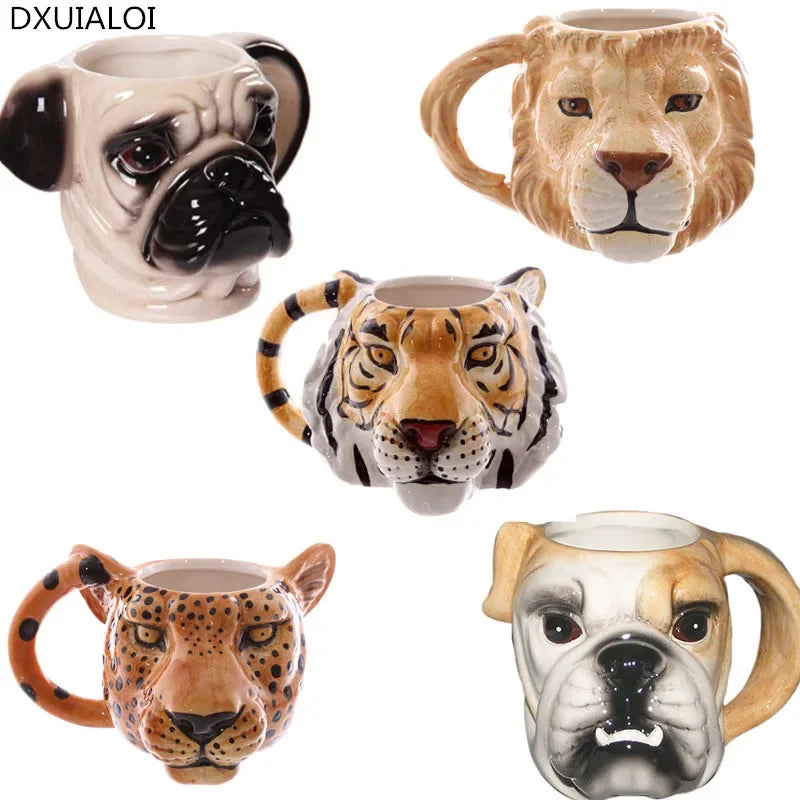 3D Animal Head Ceramic Mug — Dog · Lion · Leopard · Tiger Painted Cartoon Coffee Cup, Cute Children's Room Gift