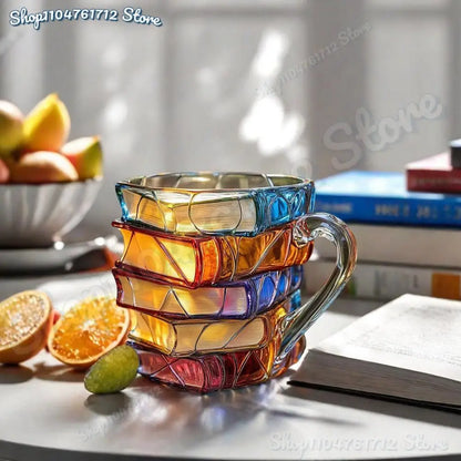 Book-Shaped Painted 11 oz (325 ml) Novelty Coffee Mug — 3D Stacked Book Design, Literary Gift for Book Lovers