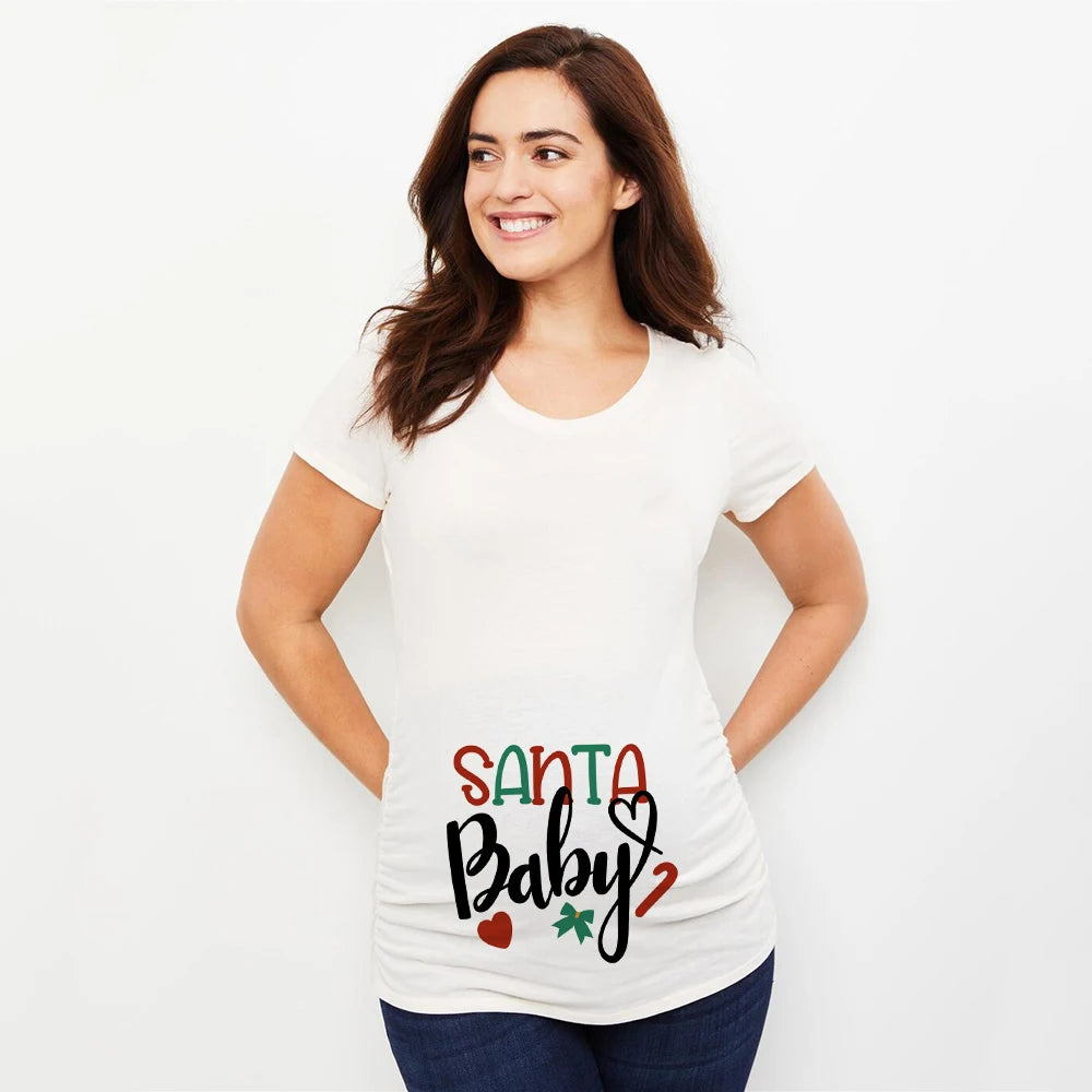 Christmas Santa Baby Print Maternity T-shirt Xmas Casual Pregnant Clothes Pregnancy Announcement T-shirt for Pregnant Women