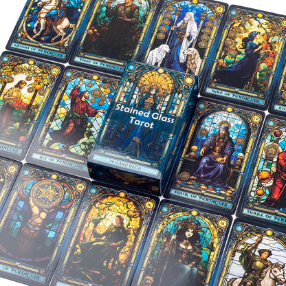 Stained Glass Tarot - 78-Card Deck, Leisure Entertainment Card Game, Family Gathering Divination, Board Playing Game, 10.3 x 6 cm