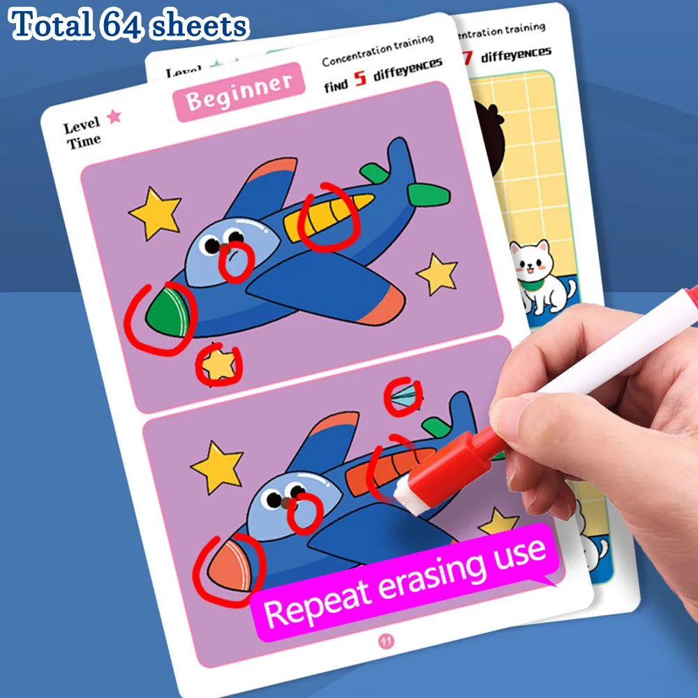 64Pcs Find the Differences Card Game – Reusable Wipeable Paper Puzzle with 3 Difficulty Levels, Educational Cartoon Game for Kids
