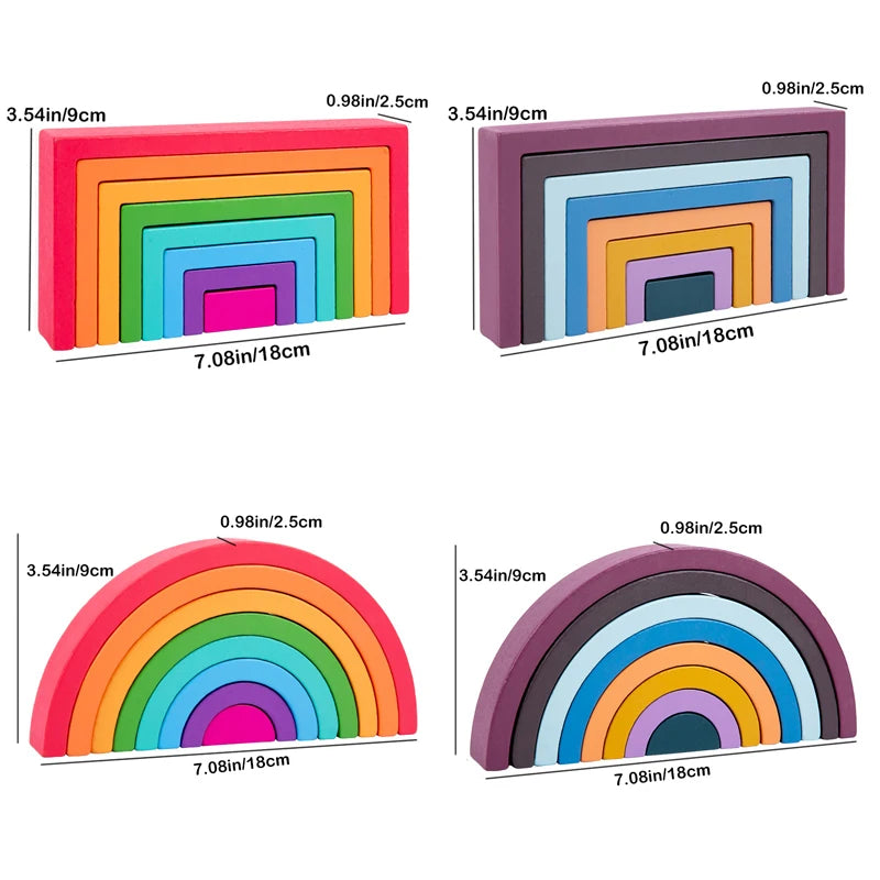 Montessori Wooden Rainbow Stacking Game – Eight Layers Square/Arch Colorful Stacker, Color Recognition Building Blocks Toy