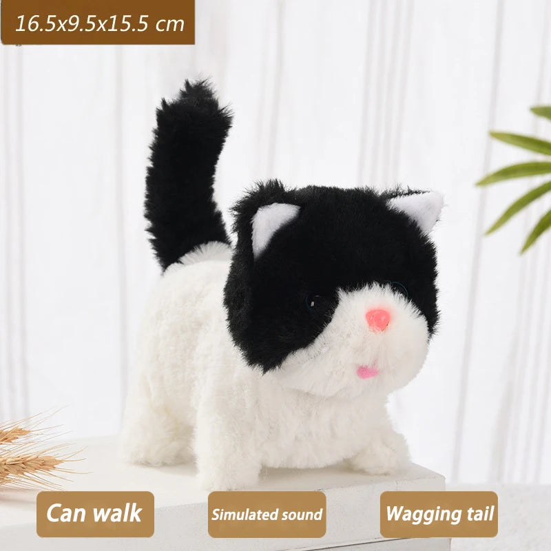 New Walking Kitty Plush Toy, Electric Interactive Meowing Cat with Wagging Tail and Nodding Head, Stuffed Animal Pet Toy Gift for Kids