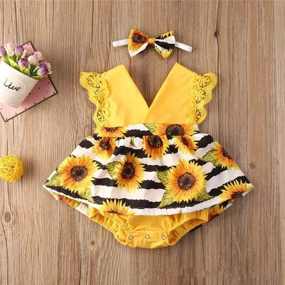 Newborn Baby Girl Summer Lace Romper Dress – Floral Flying Sleeve Jumpsuit with Headband (0-18 Months)
