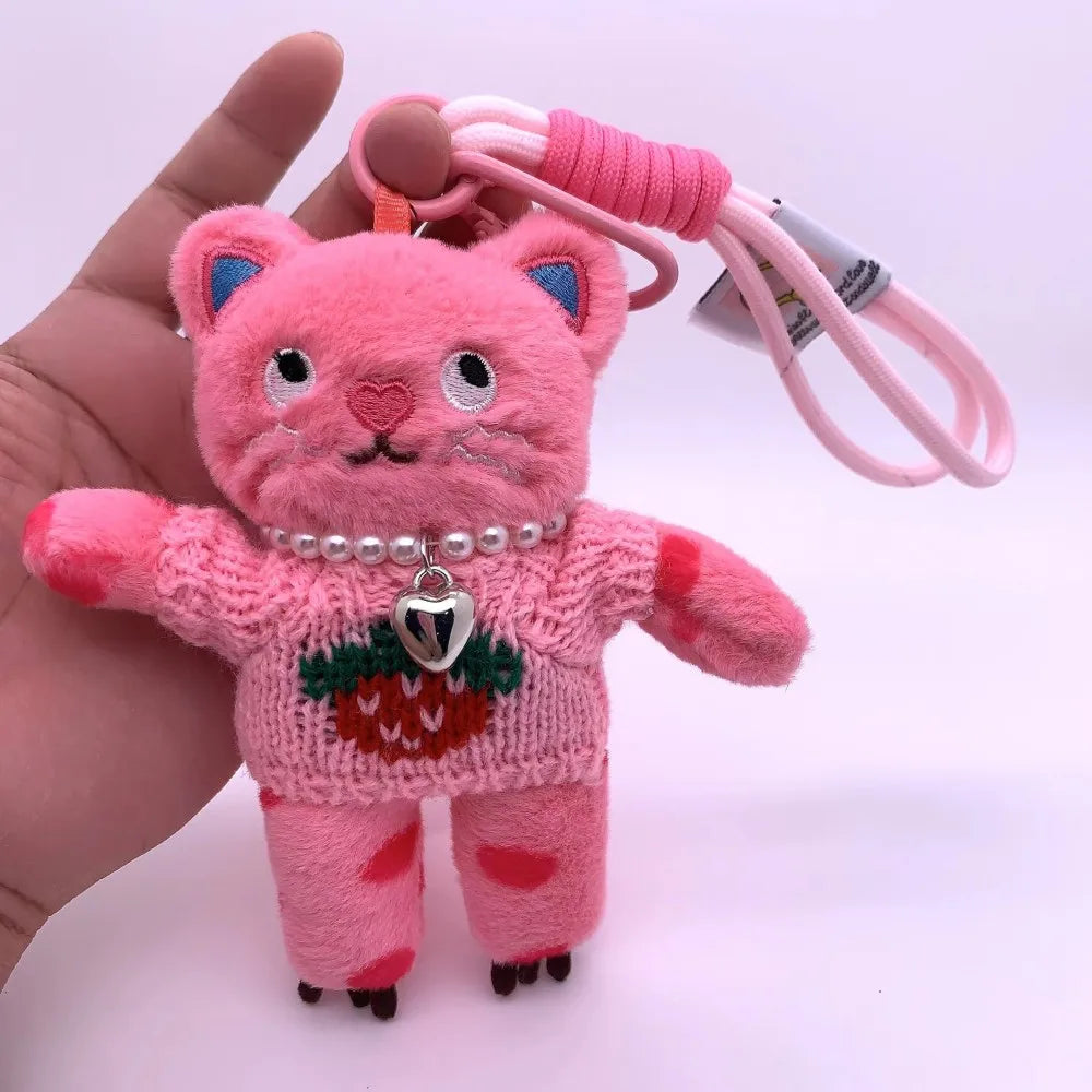 15cm Kawaii Pink Cat Plush Keychain, Animal Doll Pendant for Car and Bag Decoration