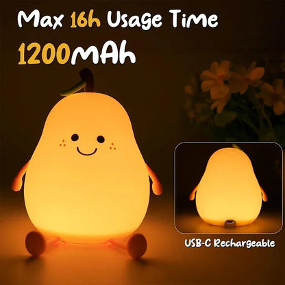 Cute Smile Pear Night Light Portable Touch Sensor USB Silicone Baby Sleep Dimmable Bedside Lamp