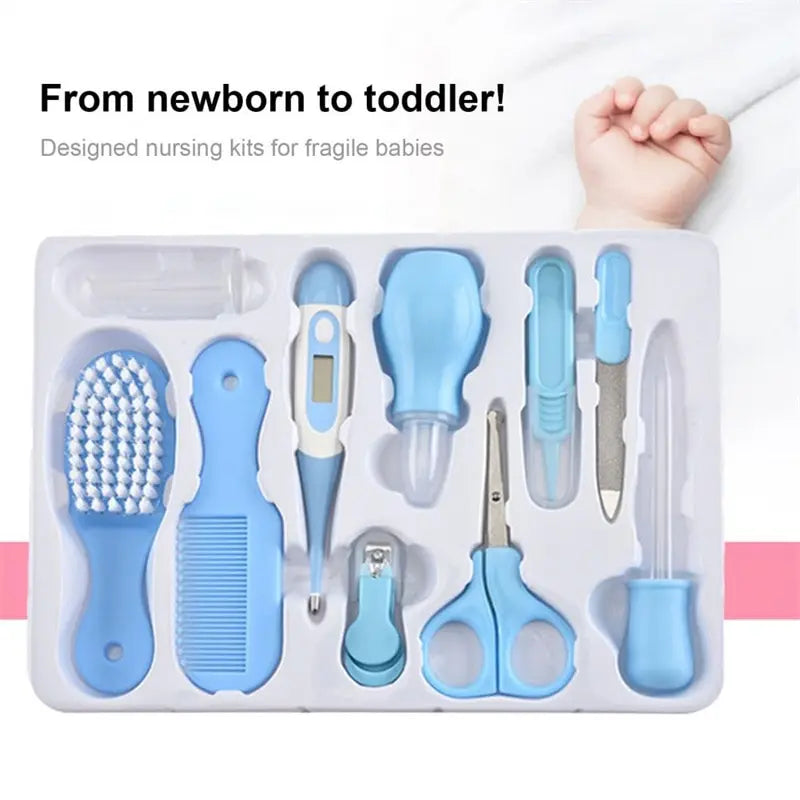 10PCS/Set Baby Health Care Kit - Kids Nail Clippers, Hair Grooming Brush, Thermometer, Teether, Toothbrush - Baby Essentials