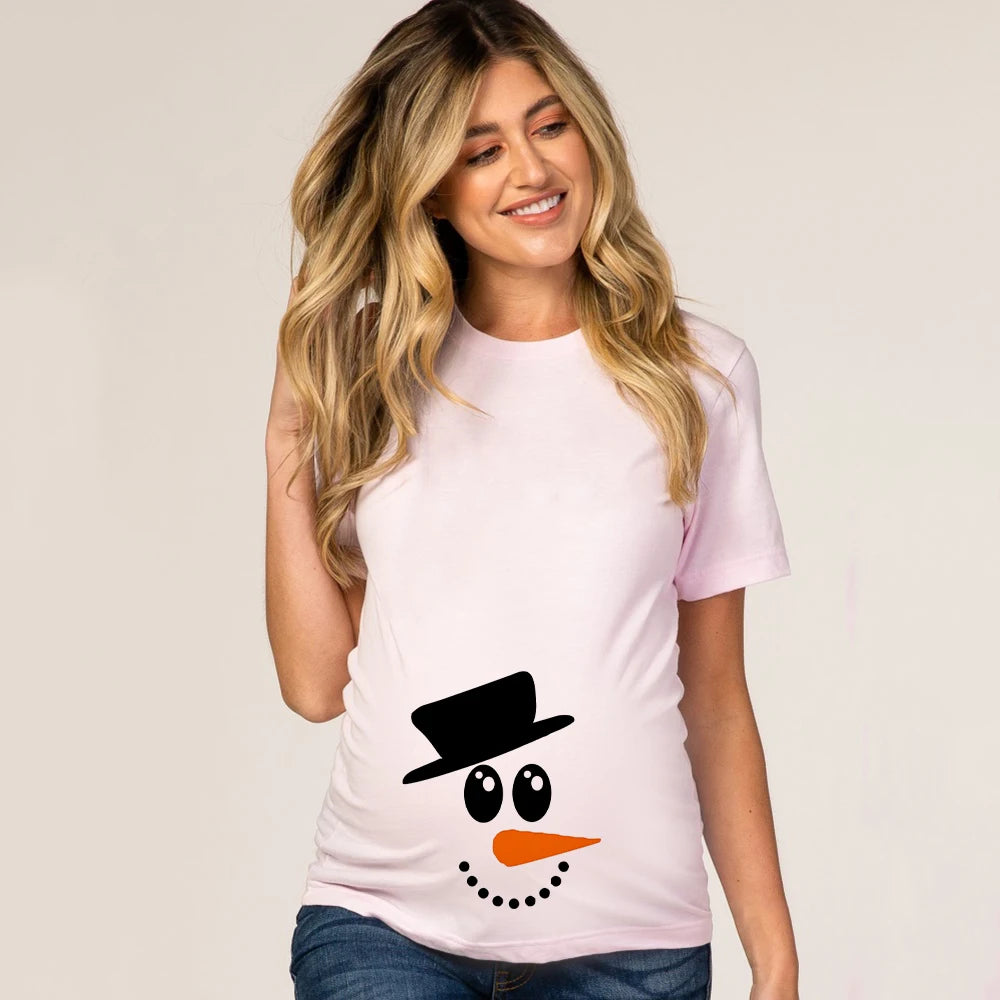 Christmas Pregnant Women T-shirt Snowman Cartoon Printed Pregnancy Announcement Clothes Maternity White Short Sleeve Top