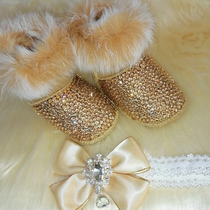Dollbling Mommy & Daughter Custom Pearls Boots - Handmade Luxury Fur Infant Beaded Winter Booties