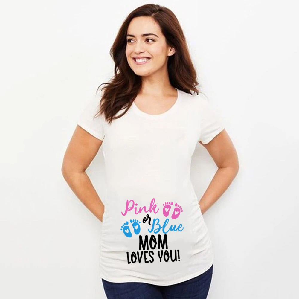 Pink or Blue Mommy Love You Printed Maternity T-Shirt - Summer Pregnancy Announcement Shirt, New Mom Tops