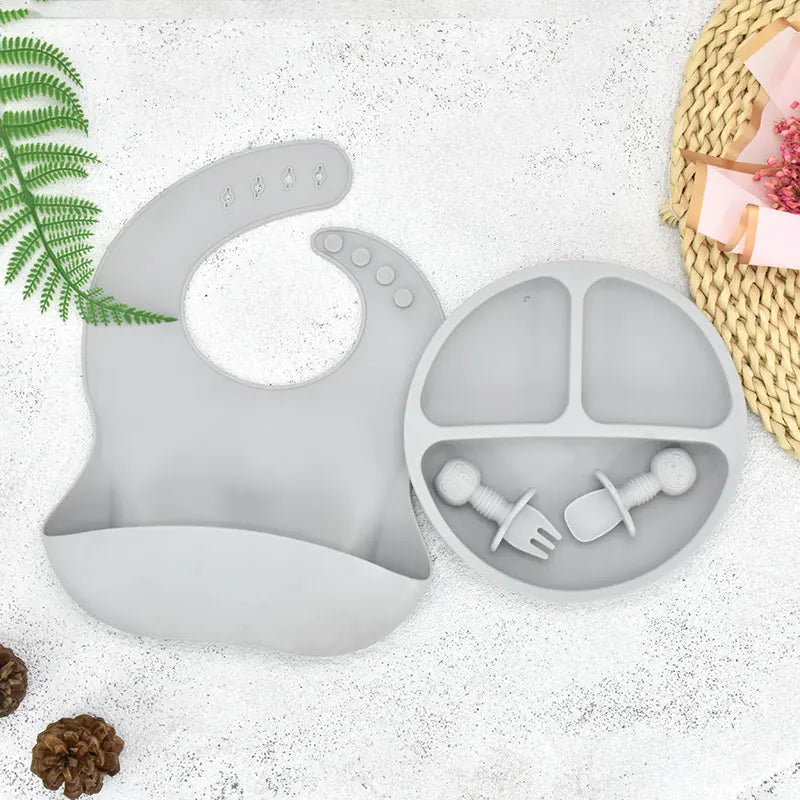 4Pcs Baby Safe Silicone Dining Plate Set - Cute Cartoon Smile Face Children Dishes, Retro Kids Tableware Set (BPA-Free)