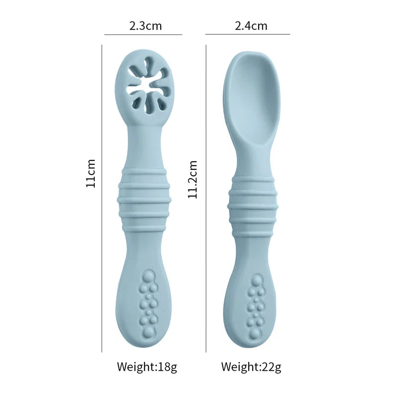 2PCS Baby Learning Spoons Set - Silicone Toddler Liquid Food Spoon & Fork Utensils, Soft Scoop Weaning Cutlery, Baby Feeding Tableware