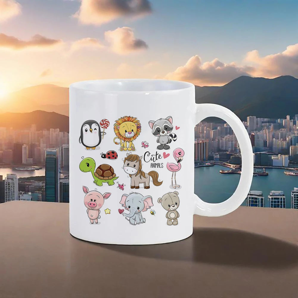 Cute Animal Ceramic Mug 11 oz (320 ml) — Kids Breakfast Cup with Panda, Lion & Koala Designs