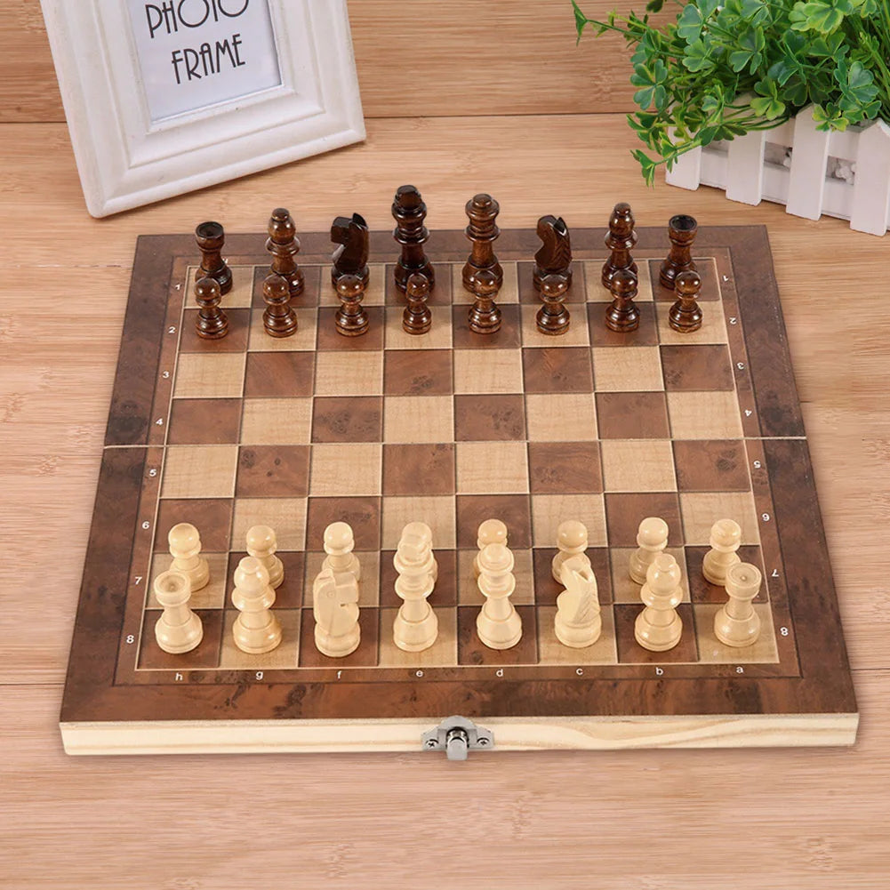 Magnetic Wooden Folding Chess Set with Felted 24 cm x 12 cm (9.45 in x 4.72 in) Game Board Interior Storage Adult and Kids Family Gift