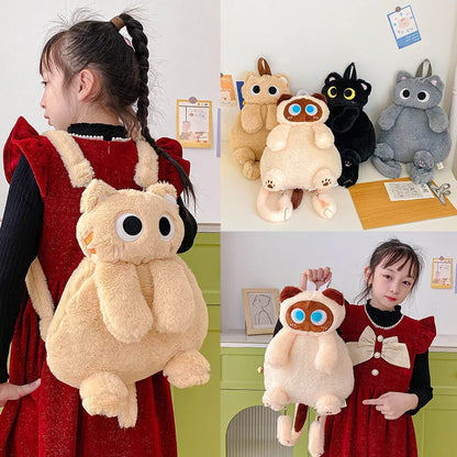 Kids Kawaii Plush Big Eyes Cat Backpack – Large Capacity Soft Stuffed Animal School Shoulder Bag for Boys and Girls
