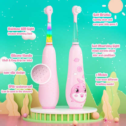 Seago Kids Electric Toothbrush - Sonic Child Dolphin Design with LED Smart Timer - IPX7 Waterproof Teeth Cleaning