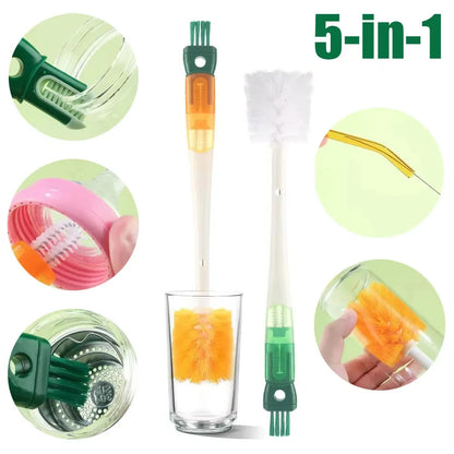 Silicone 5 in 1 Bottle Brush, Nylon Bristle, Hanging Hole, Long Handle, 360 Degree Rotating, Baby Pacifier Cup Cleaning Brush Tool