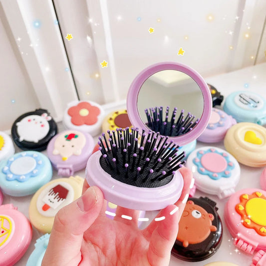 New Strawberry Hair Comb with Folding Mirror - Portable Traveling Massage Comb for Women & Girls - Hair Styling Accessories
