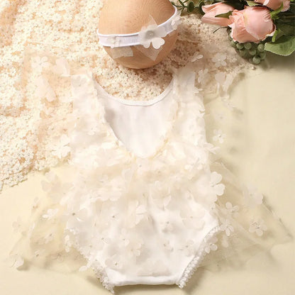Ylsteed 2-Piece Newborn Girl Photography Outfit – Embroidered Flower Romper with Headband for Baby Photo Shoots