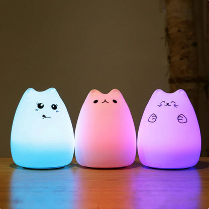 Colorful LED Night Light Cute Cat Silicone Soft Breathing Cartoon Nursery Lamp for Kids Gift